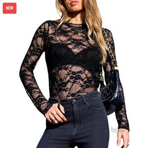 Long Sleeve Lace Mesh Top Sheer Floral T-Shirt Slim Fit Y2K Style